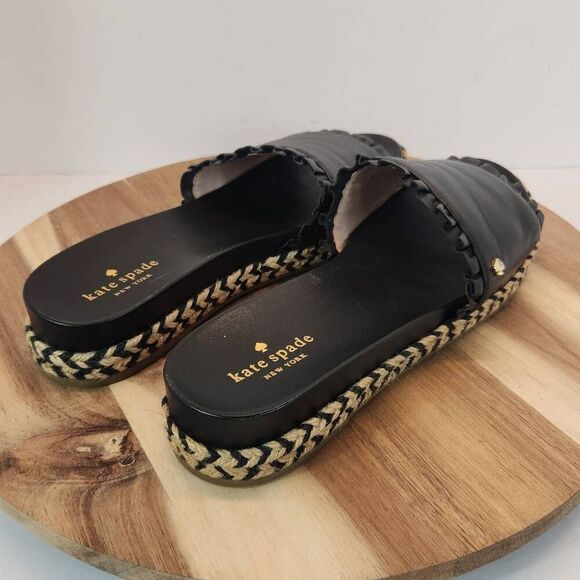 Kate Spade Zahara Black Leather Braided Flat Espadrille Sandals Slides Women's S - Picture 5 of 11